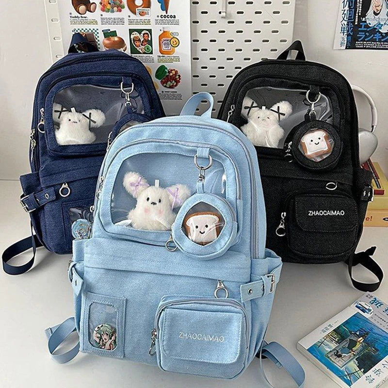 HAEX Denim Women Backpacks 2026 Large Capacity Harajuku DIY Anime Badge Ita Bag Female Student Daily Commute Mochilas Para Mujer