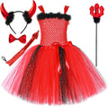 Halloween Red Devil Costumes for Girls Demon Angel Fancy Tutu Dress with Wings Horn Pitch Fork Kids Carnival Disguise Outfits
