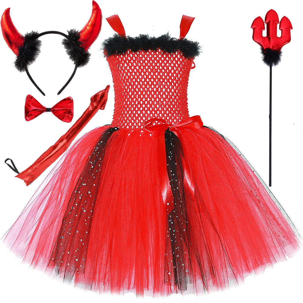 Halloween Red Devil Costumes for Girls Demon Angel Fancy Tutu Dress with Wings Horn Pitch Fork Kids Carnival Disguise Outfits