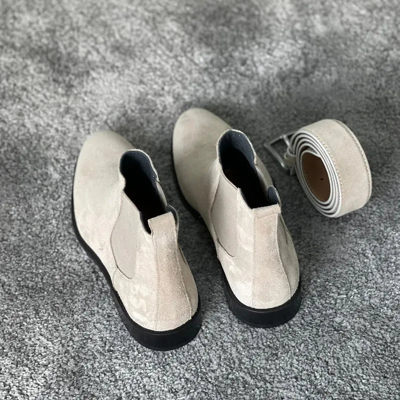 Beige Men Chelsea Boots Black Flock Round Toe Slip-On Business Handmade Men Boots  Botas De Hombre Wine Red Shoes Men