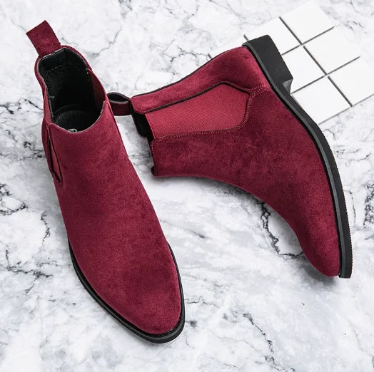 Beige Men Chelsea Boots Black Flock Round Toe Slip-On Business Handmade Men Boots  Botas De Hombre Wine Red Shoes Men