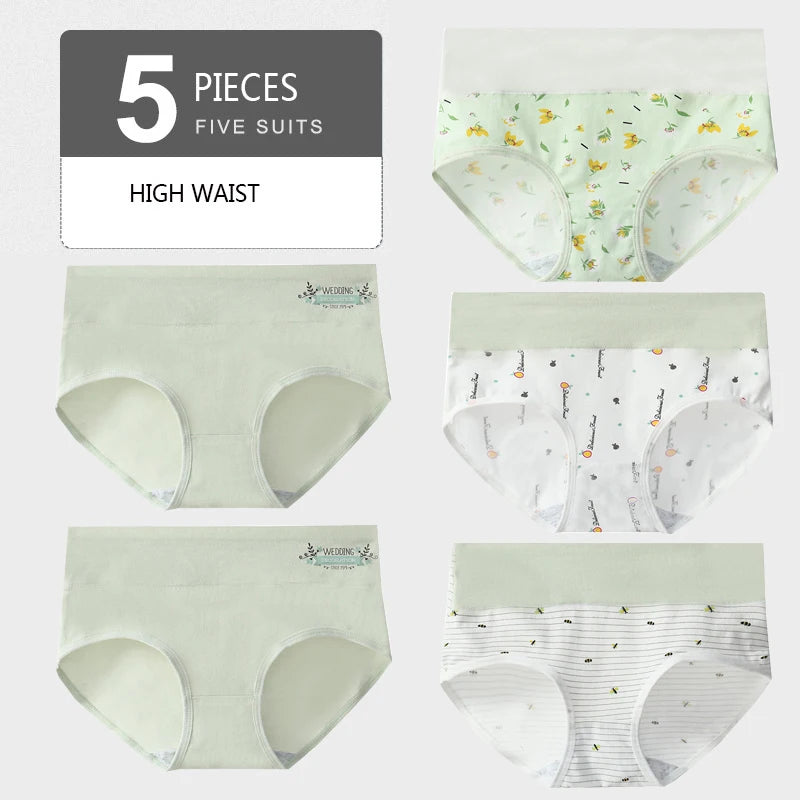 5Pcs Women's Panties Lady Cotton Underwear Print Cute Girls Breathable Seamless High Waist Briefs Woman Sexy Lingerie Intimates