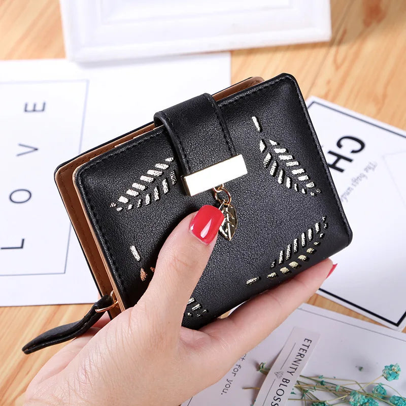 Luxury Women Wallet Leather Purse Short Zipper Clutch Bag Small Hollow Out Leaves Design Fashion Brand Wallets