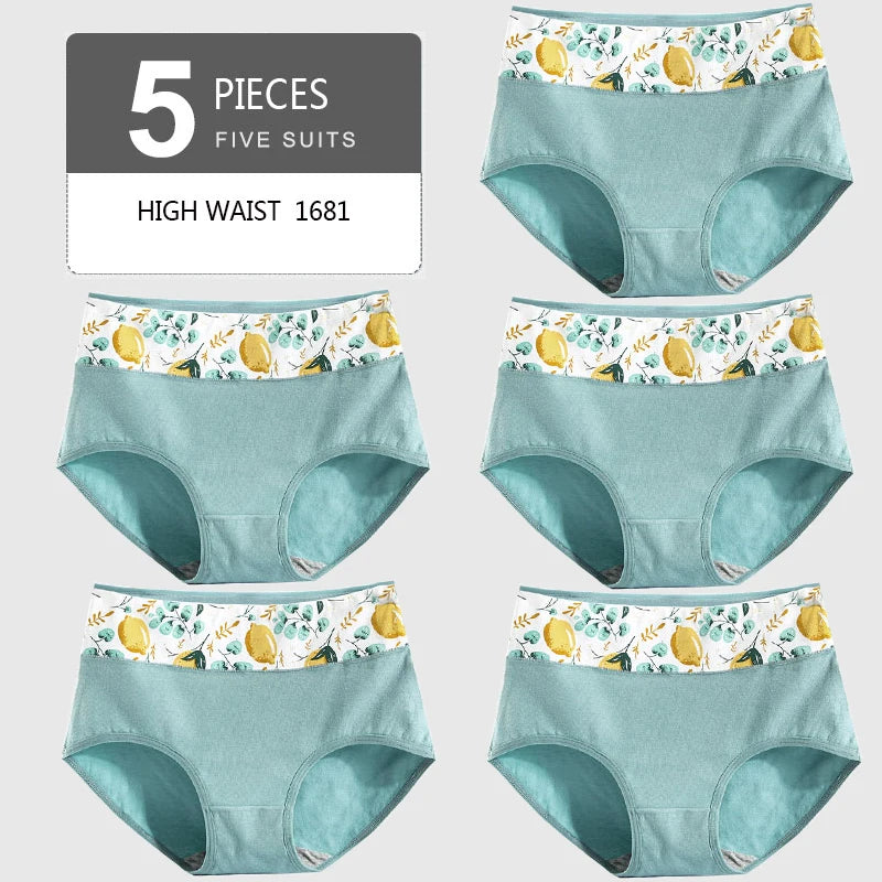 5Pcs Women's Panties Lady Cotton Underwear Print Cute Girls Breathable Seamless High Waist Briefs Woman Sexy Lingerie Intimates
