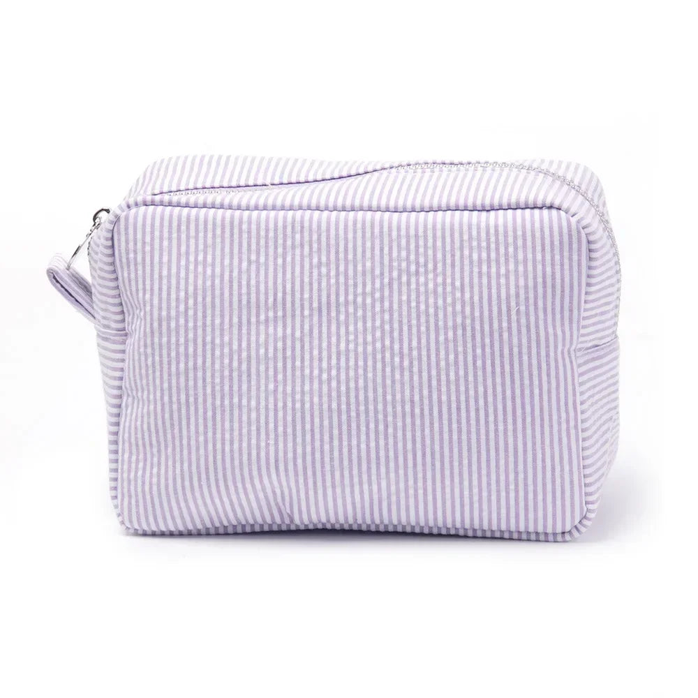 Seersucker Ruffle Cosmetic Bags Pink/Purple Striped Storage Make Up Bags for Women Lady with Zipper Travel Bag Makeup Bag