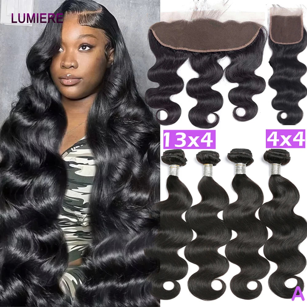8-30" Body Wave Human Hair Bundles with Closure Frontal HD Transparent Lace Peruvian 100% Raw Virgin Human Hair Weave Extension