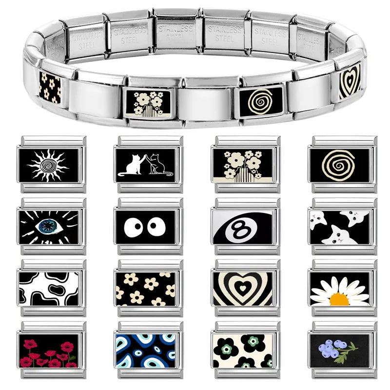Personalized Black and White Moon Stars Cloud Italian Charm Links Fit 9mm Stainless Steel Bracelet Men Women DIY Making Gifts