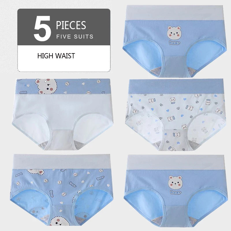 5Pcs Women's Panties Lady Cotton Underwear Print Cute Girls Breathable Seamless High Waist Briefs Woman Sexy Lingerie Intimates