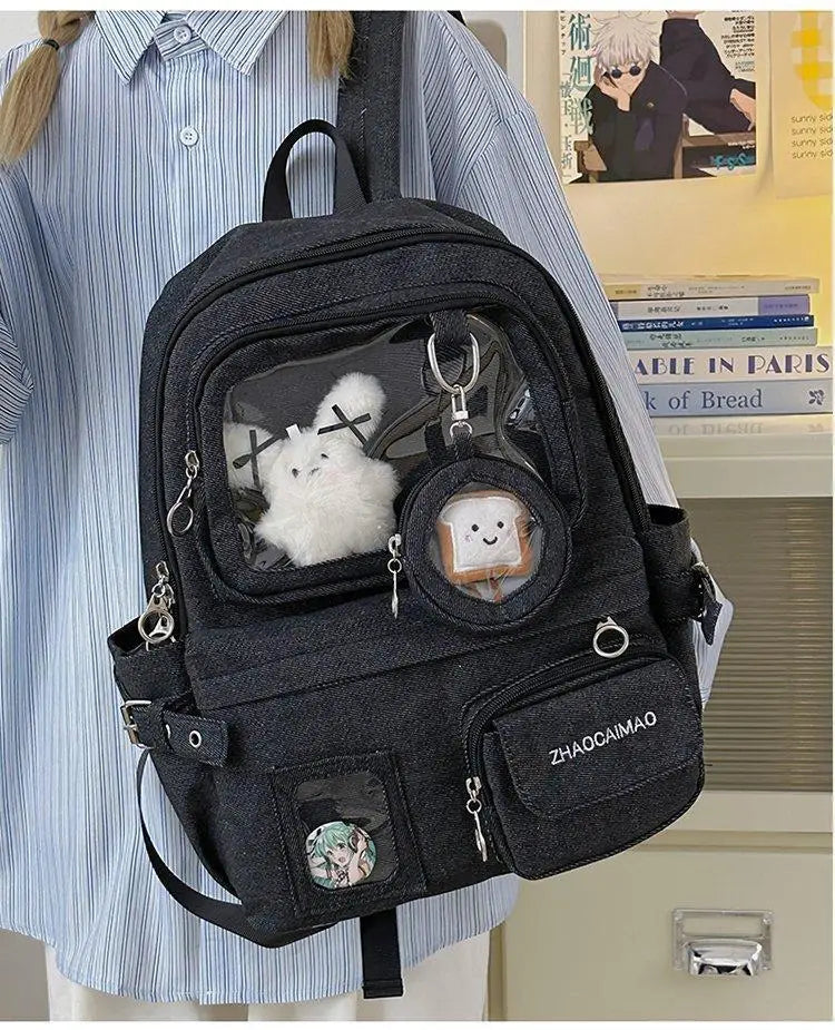 HAEX Denim Women Backpacks 2026 Large Capacity Harajuku DIY Anime Badge Ita Bag Female Student Daily Commute Mochilas Para Mujer