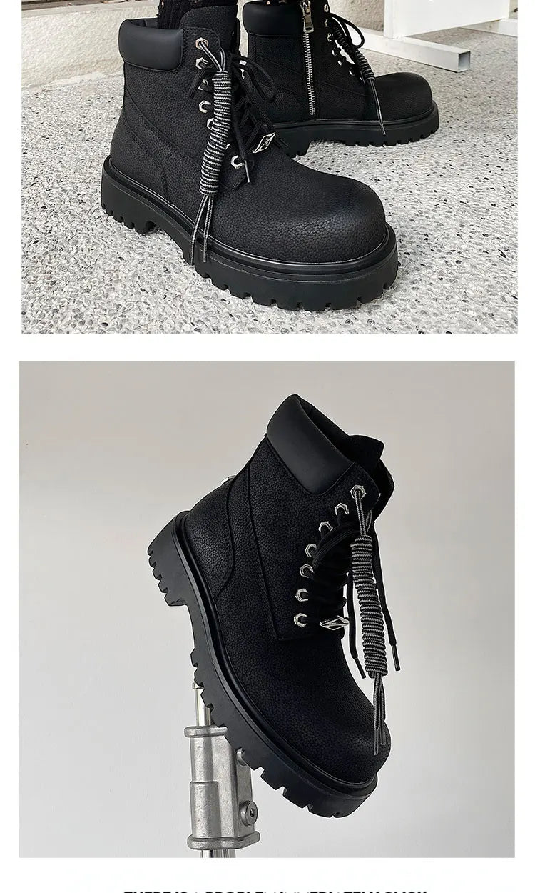 Original design Mading boots for men leather height increased by 4.5CM black retro workwear shoes British style short boots