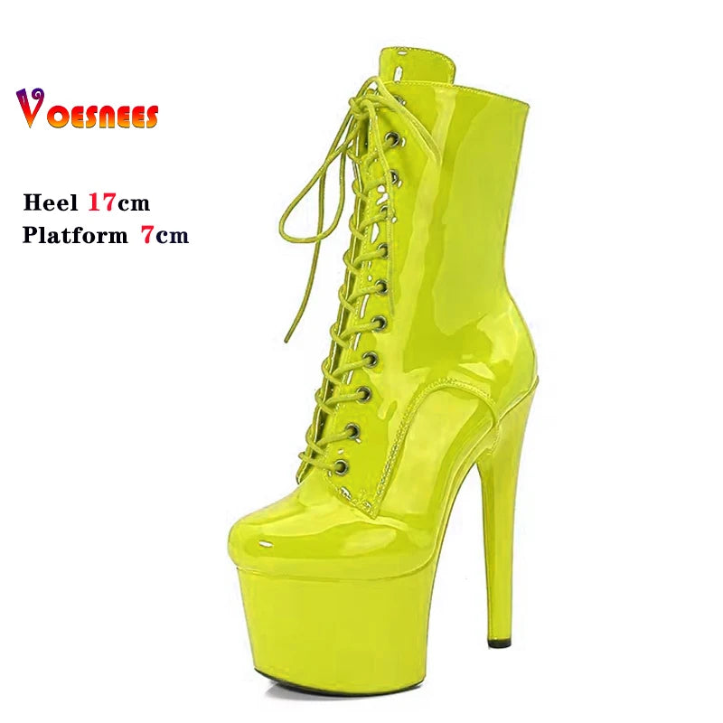 Red 17CM/6Inchs Women Boots Sexy Fashion Catwalk Knight Boots PU Upper Exotic High Heel Platform Party Boots Pole Dance Shoes