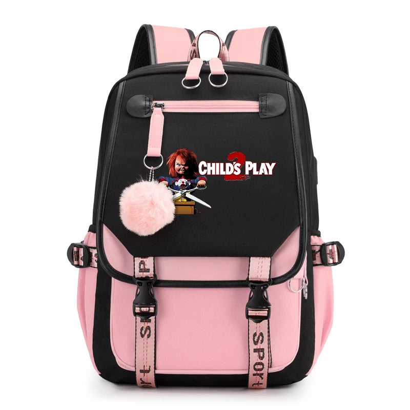 Horror Movie Child's Play Chucky Backpack Teenager School USB Charging Bags Men Women School Bag Travel Mochila