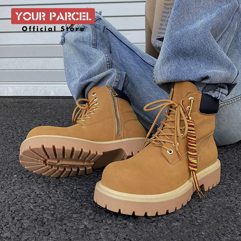 Original design Mading boots for men leather height increased by 4.5CM black retro workwear shoes British style short boots