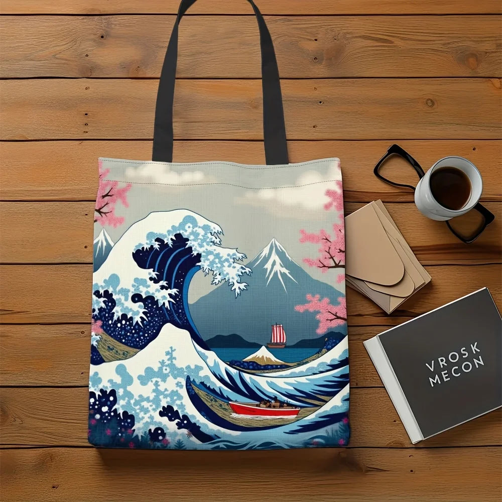 1pc Ukiyo-e Inspired Polyester Tote Bag - Great Wave off Kanagawa & Pink Floral Design, Durable Rectangular Shopping Bag