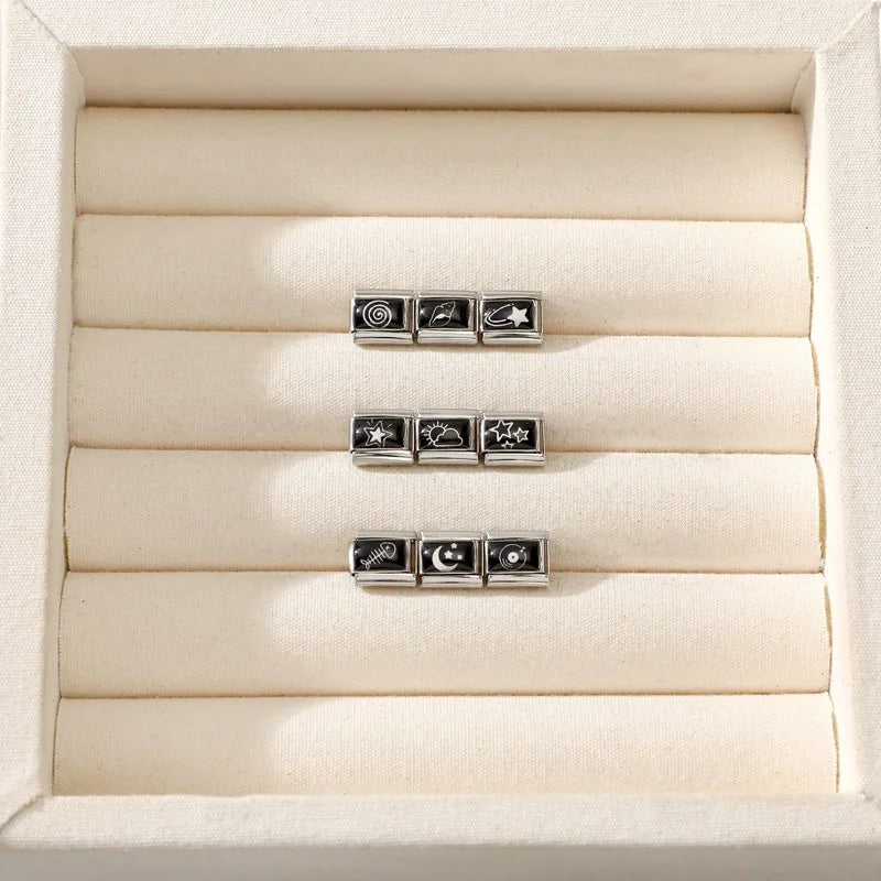 Personalized Black and White Moon Stars Cloud Italian Charm Links Fit 9mm Stainless Steel Bracelet Men Women DIY Making Gifts