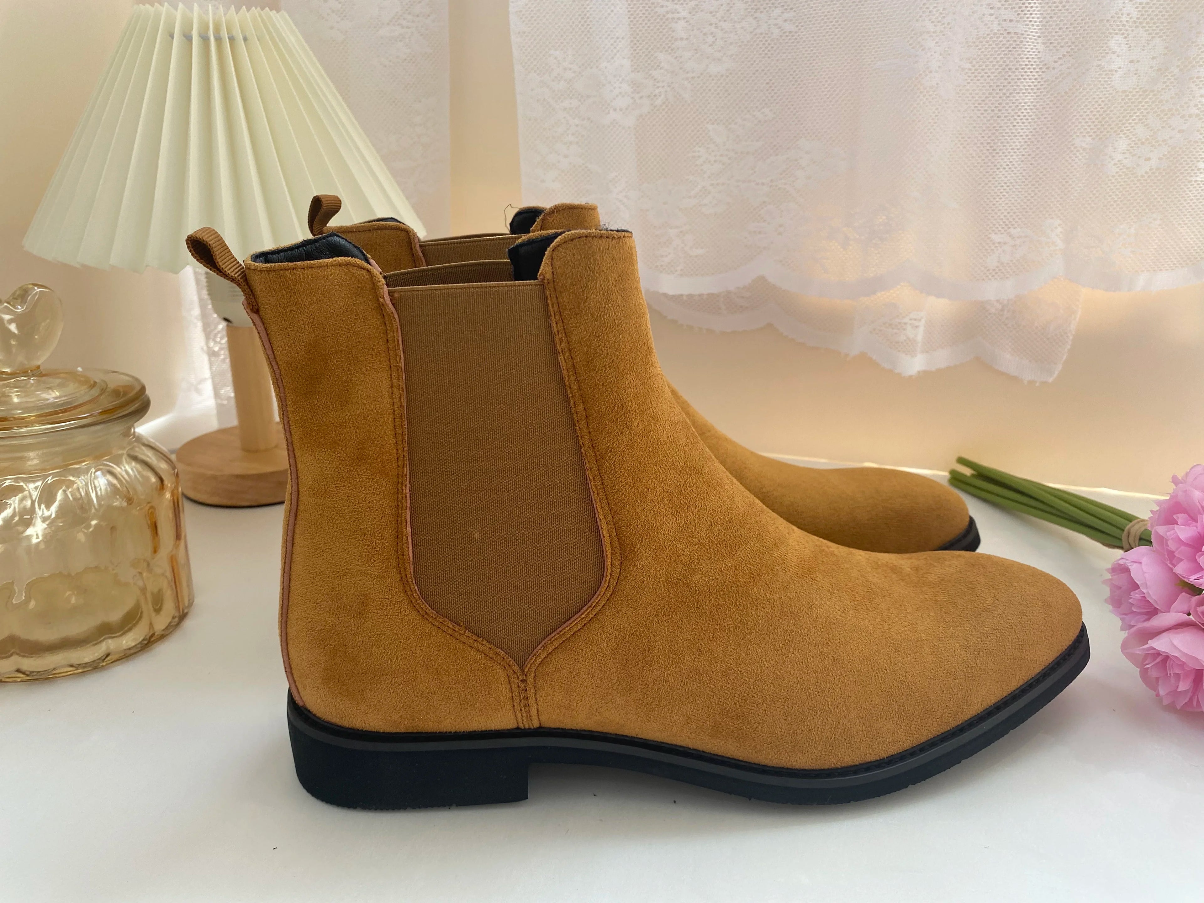 Beige Men Chelsea Boots Black Flock Round Toe Slip-On Business Handmade Men Boots  Botas De Hombre Wine Red Shoes Men