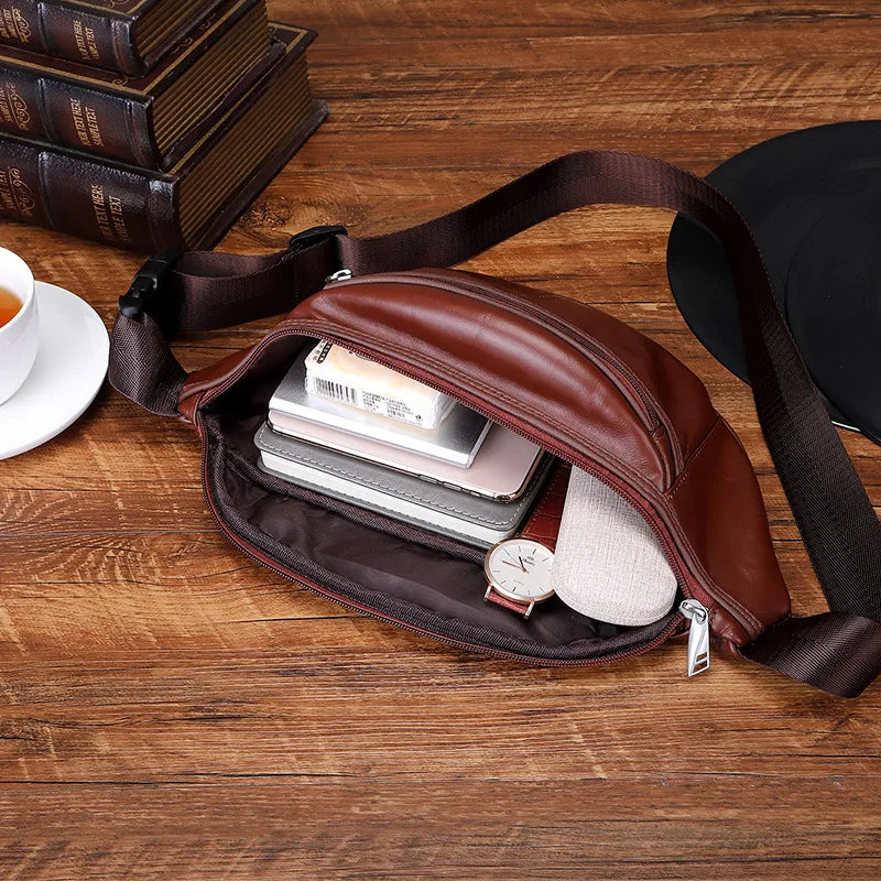 Fashion Men Genuine Leather Fanny Bag for Phone Pouch Male Leather Messenger Bags Brand Fanny Pack Male Travel Waist Bag Men