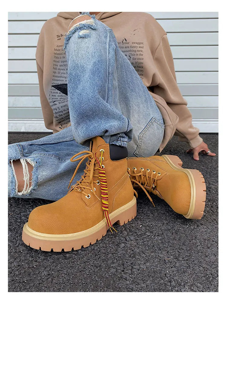 Original design Mading boots for men leather height increased by 4.5CM black retro workwear shoes British style short boots