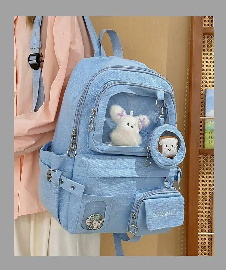 HAEX Denim Women Backpacks 2026 Large Capacity Harajuku DIY Anime Badge Ita Bag Female Student Daily Commute Mochilas Para Mujer