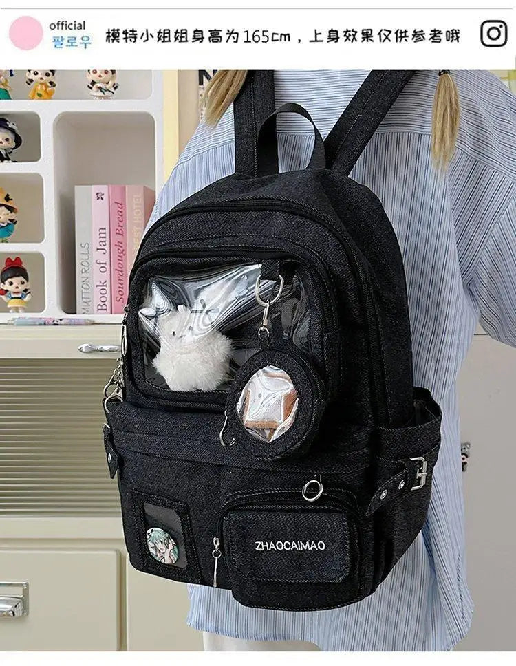 HAEX Denim Women Backpacks 2026 Large Capacity Harajuku DIY Anime Badge Ita Bag Female Student Daily Commute Mochilas Para Mujer