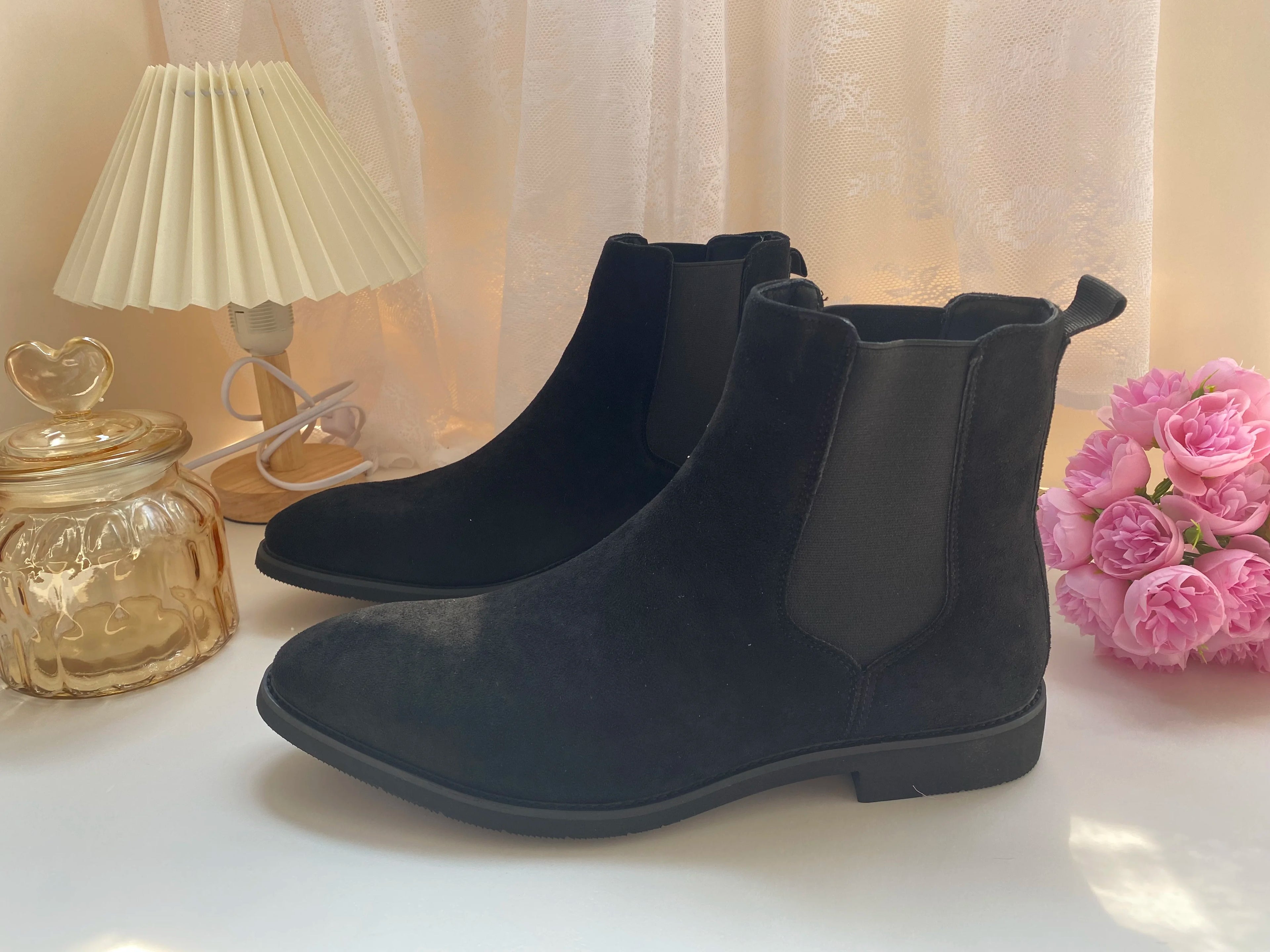Beige Men Chelsea Boots Black Flock Round Toe Slip-On Business Handmade Men Boots  Botas De Hombre Wine Red Shoes Men