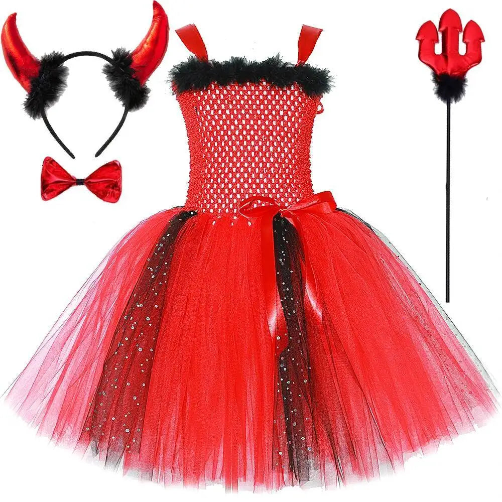 Halloween Red Devil Costumes for Girls Demon Angel Fancy Tutu Dress with Wings Horn Pitch Fork Kids Carnival Disguise Outfits