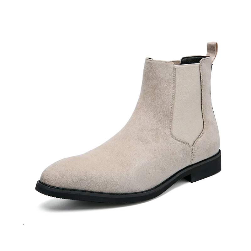 Beige Men Chelsea Boots Black Flock Round Toe Slip-On Business Handmade Men Boots  Botas De Hombre Wine Red Shoes Men