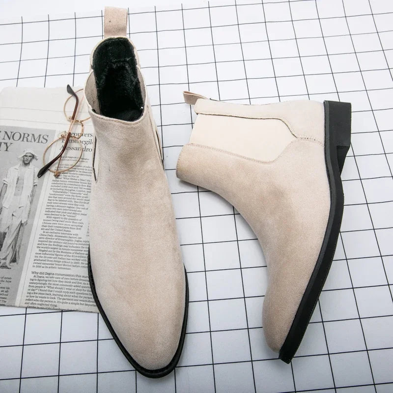 Beige Men Chelsea Boots Black Flock Round Toe Slip-On Business Handmade Men Boots  Botas De Hombre Wine Red Shoes Men