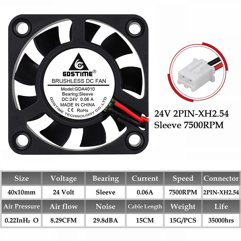 2Pcs Gdstime DC 24V 12V 5V 40mm x 40mm x 10mm 2-Pin Ball Bearing Computer PC Case Cooling Fan 4010