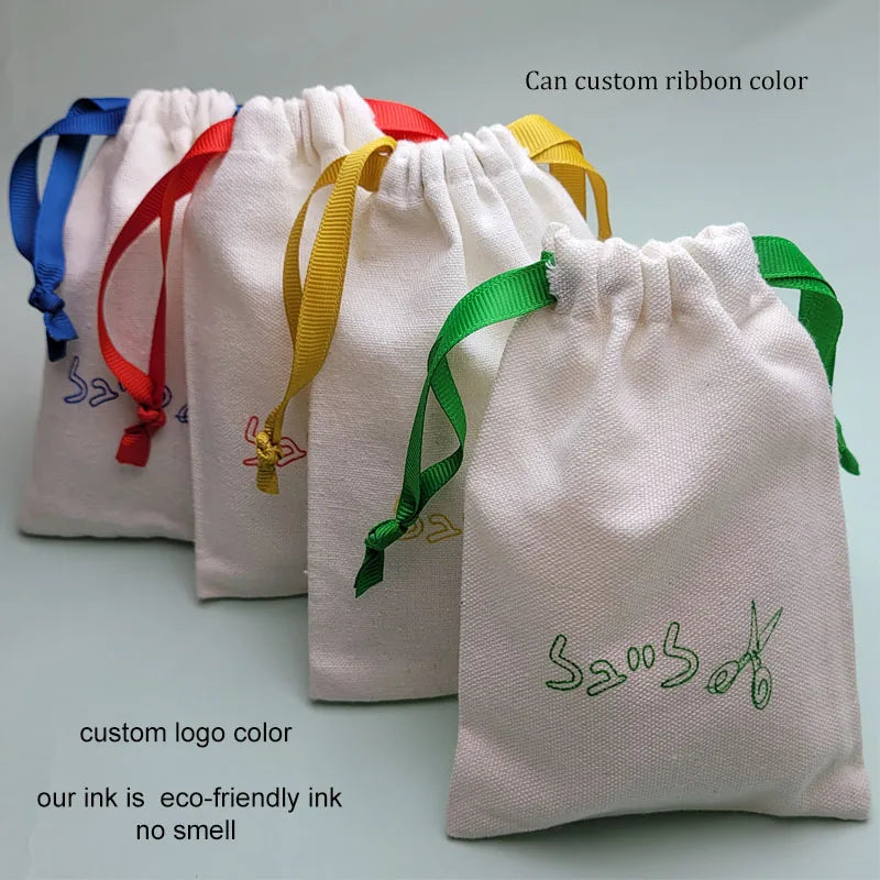 Small White Cotton Gift Bags Custom Party Muslin Linen Drawstring Bag Perfume Jewelry Logo Pouch
