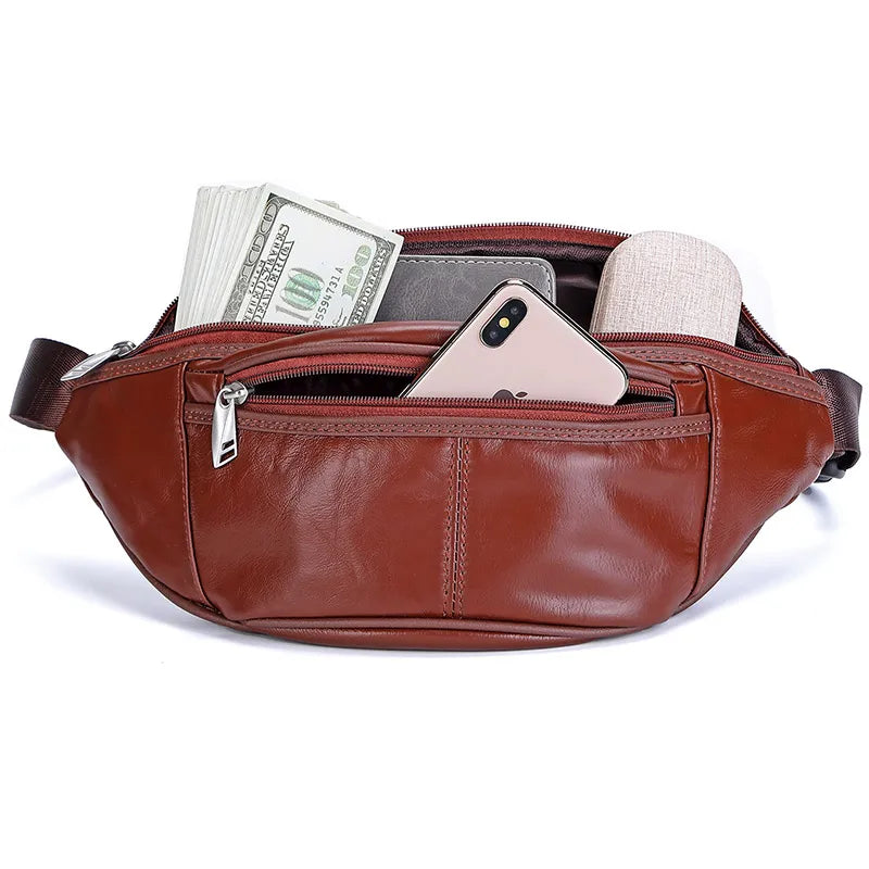 Fashion Men Genuine Leather Fanny Bag for Phone Pouch Male Leather Messenger Bags Brand Fanny Pack Male Travel Waist Bag Men
