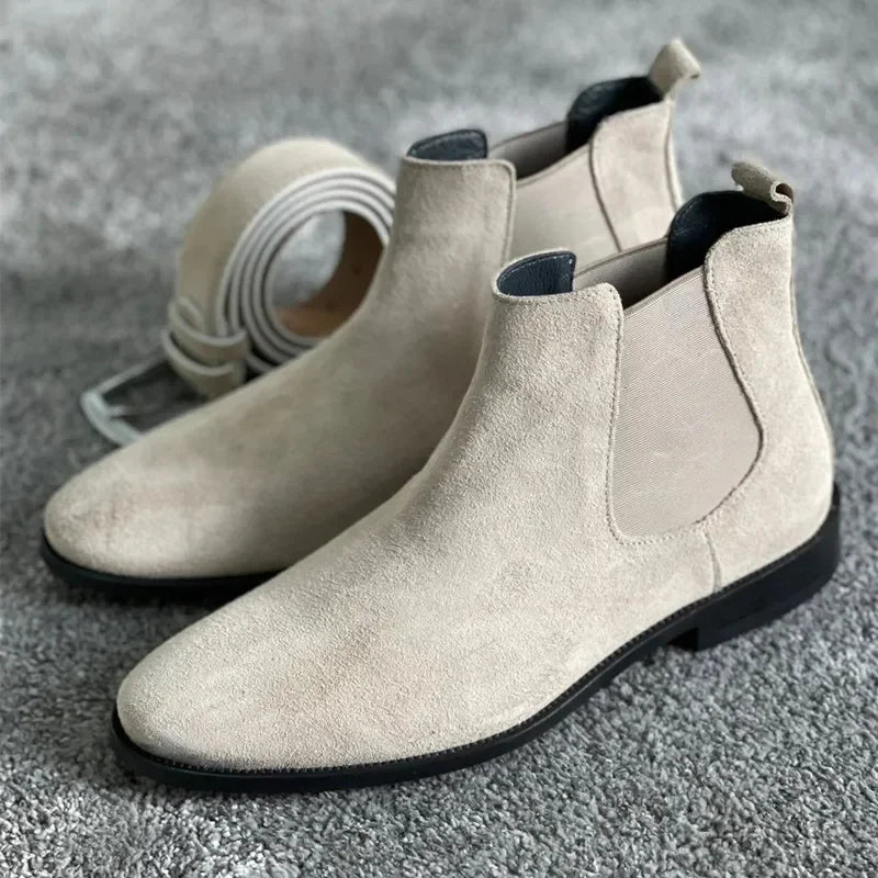 Beige Men Chelsea Boots Black Flock Round Toe Slip-On Business Handmade Men Boots  Botas De Hombre Wine Red Shoes Men
