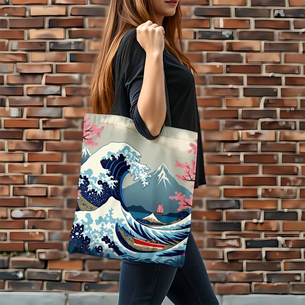 1pc Ukiyo-e Inspired Polyester Tote Bag - Great Wave off Kanagawa & Pink Floral Design, Durable Rectangular Shopping Bag
