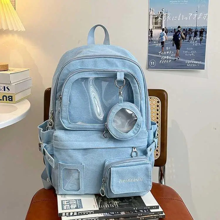 HAEX Denim Women Backpacks 2026 Large Capacity Harajuku DIY Anime Badge Ita Bag Female Student Daily Commute Mochilas Para Mujer
