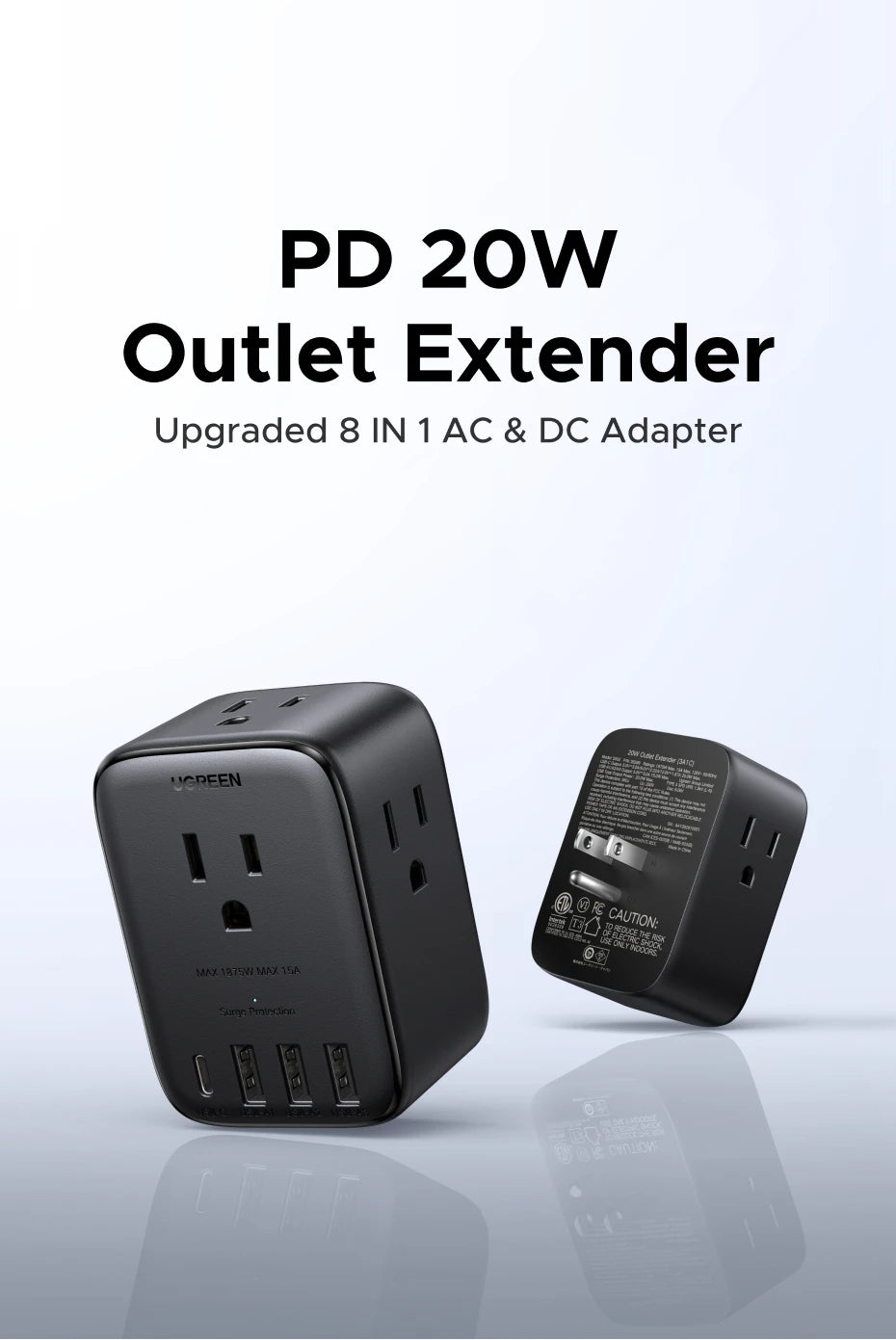 UGREEN Outlet Extender 20W Power Strip with 4 AC Outlets 3 USB A 1 USB C Wall Charger for Home Office Travel 1875W 15A 125V