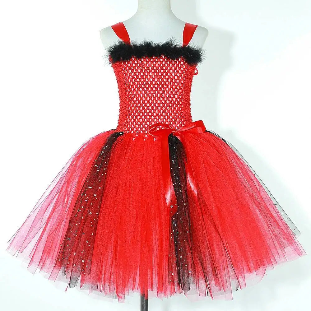 Halloween Red Devil Costumes for Girls Demon Angel Fancy Tutu Dress with Wings Horn Pitch Fork Kids Carnival Disguise Outfits