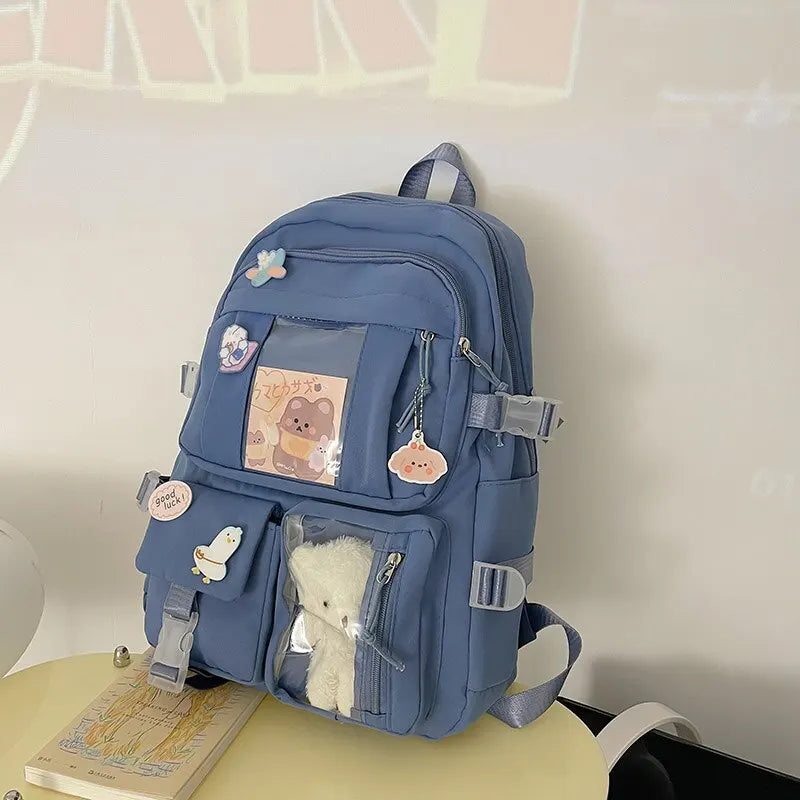 Preppy School Bag Student Backpack Nylon Cute Girl Backpack Badge Pendant Travel Bag