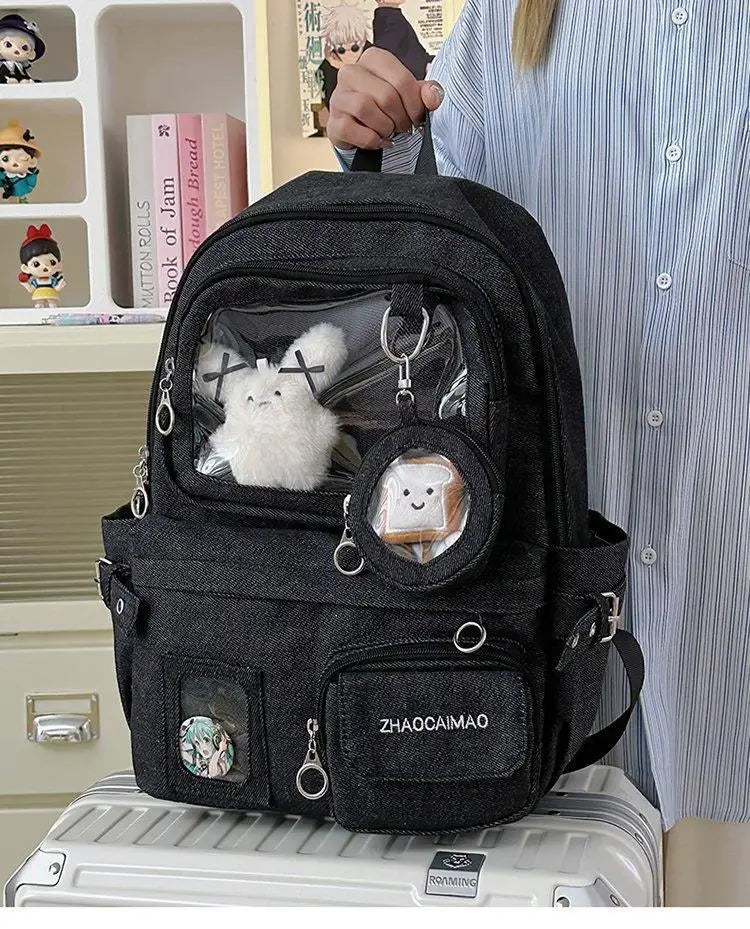 HAEX Denim Women Backpacks 2026 Large Capacity Harajuku DIY Anime Badge Ita Bag Female Student Daily Commute Mochilas Para Mujer