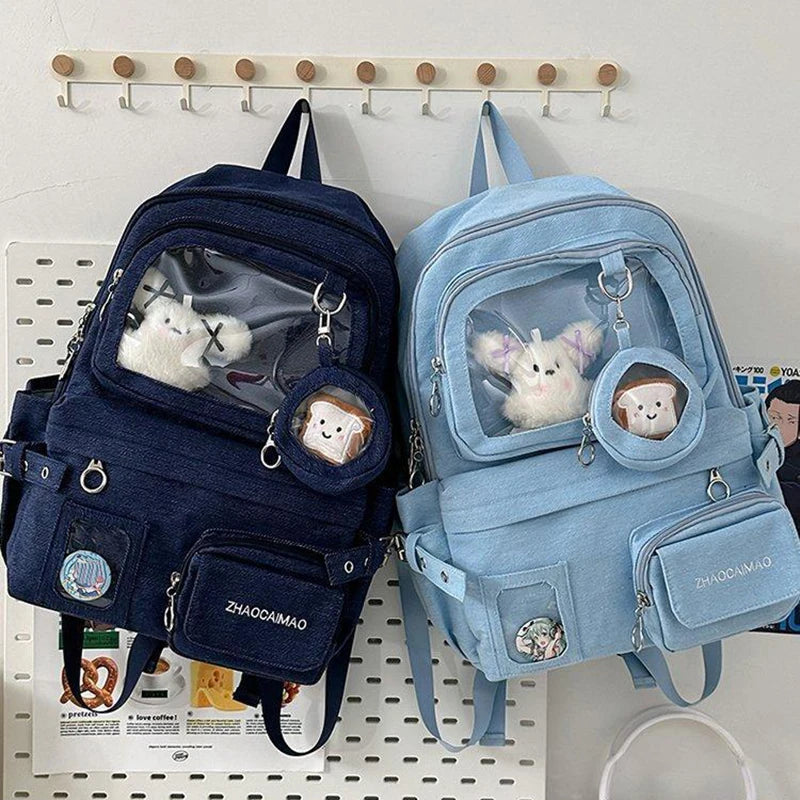 HAEX Denim Women Backpacks 2026 Large Capacity Harajuku DIY Anime Badge Ita Bag Female Student Daily Commute Mochilas Para Mujer