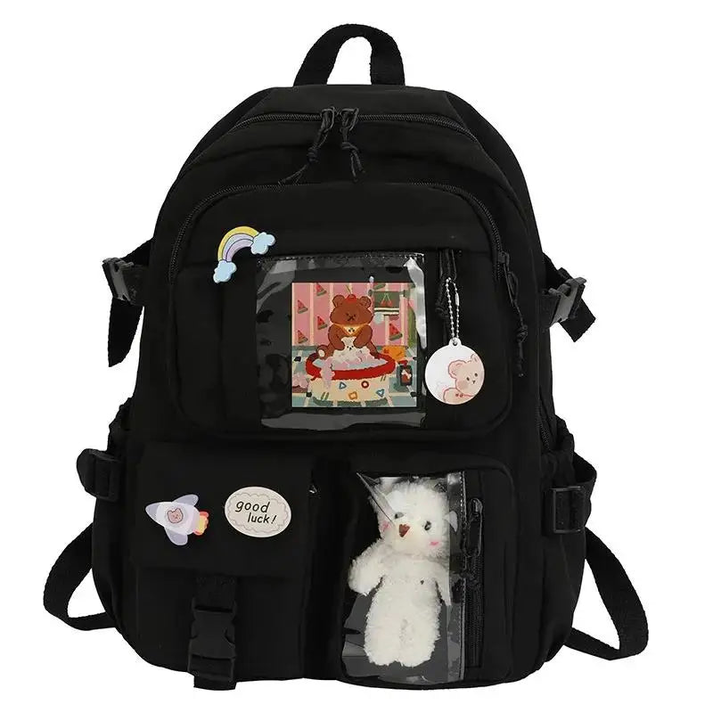 Preppy School Bag Student Backpack Nylon Cute Girl Backpack Badge Pendant Travel Bag
