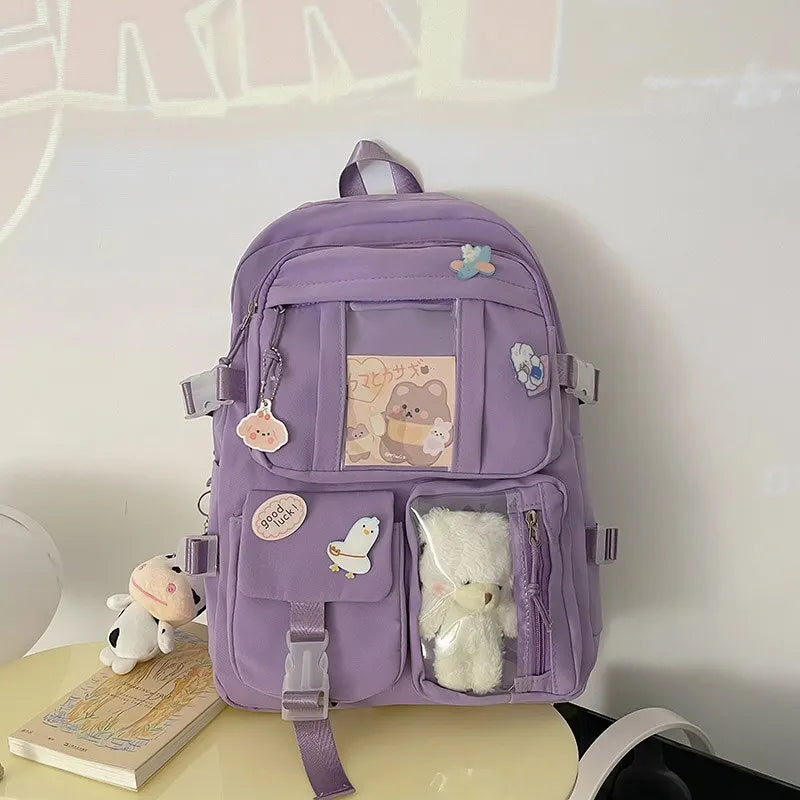 Preppy School Bag Student Backpack Nylon Cute Girl Backpack Badge Pendant Travel Bag