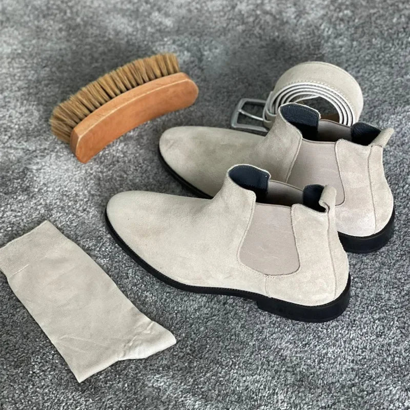 Beige Men Chelsea Boots Black Flock Round Toe Slip-On Business Handmade Men Boots  Botas De Hombre Wine Red Shoes Men