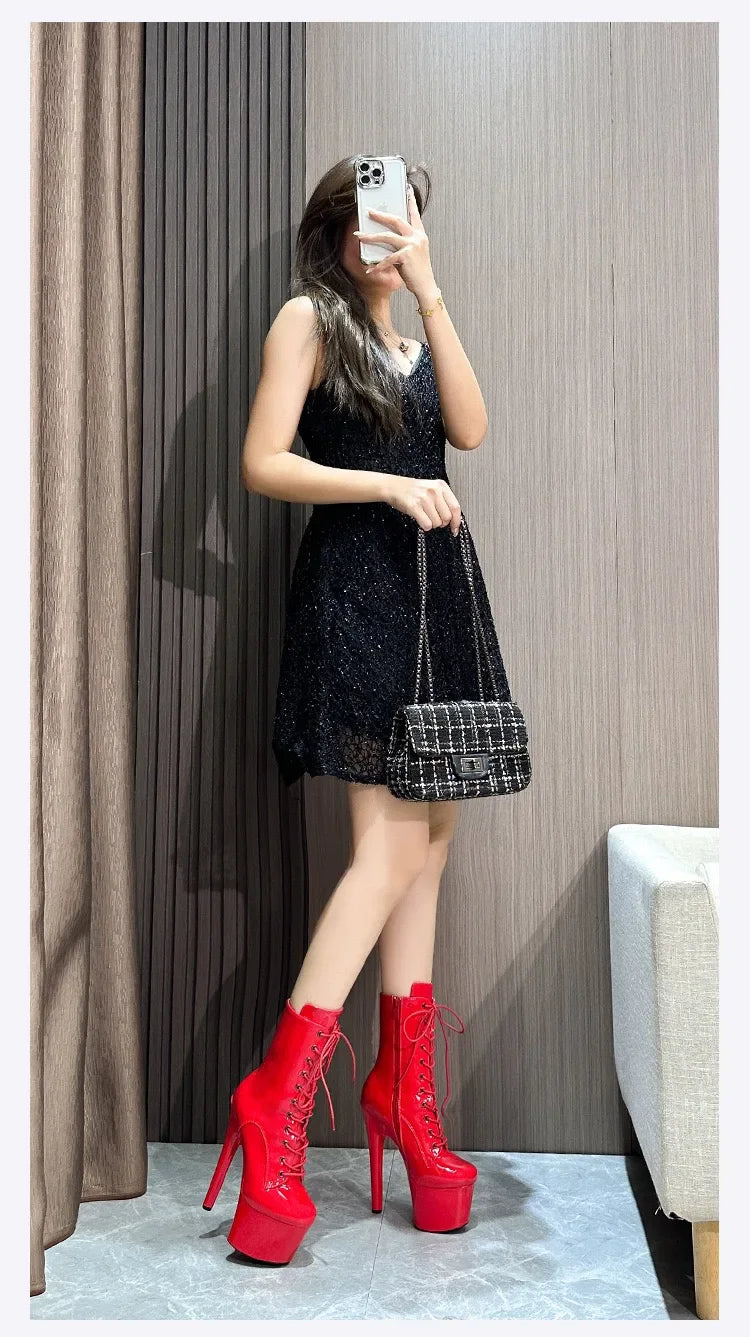 Red 17CM/6Inchs Women Boots Sexy Fashion Catwalk Knight Boots PU Upper Exotic High Heel Platform Party Boots Pole Dance Shoes