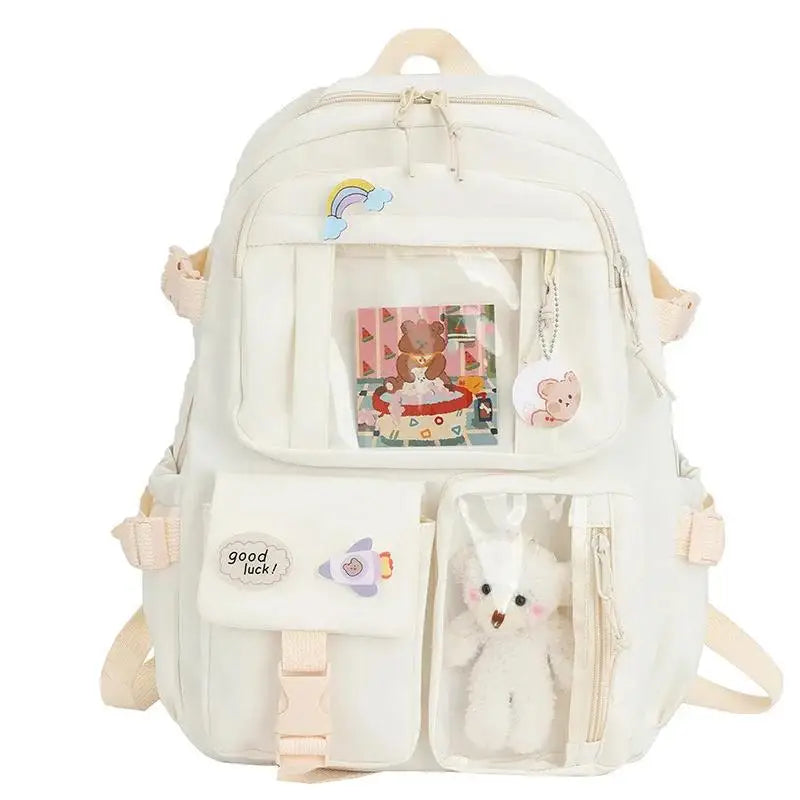 Preppy School Bag Student Backpack Nylon Cute Girl Backpack Badge Pendant Travel Bag