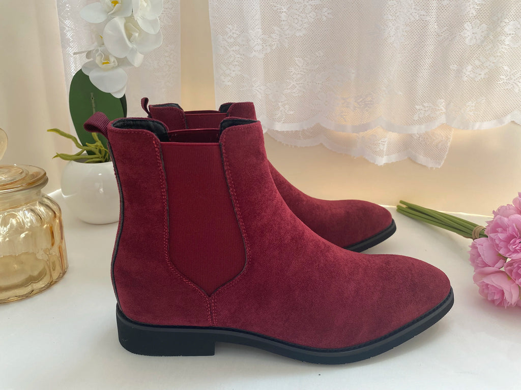Beige Men Chelsea Boots Black Flock Round Toe Slip-On Business Handmade Men Boots  Botas De Hombre Wine Red Shoes Men