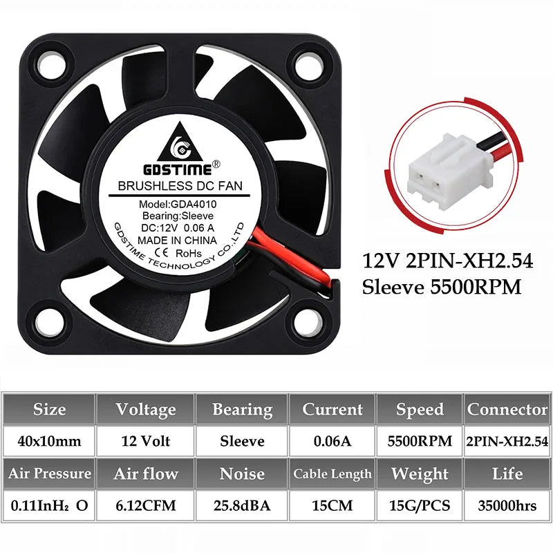 2Pcs Gdstime DC 24V 12V 5V 40mm x 40mm x 10mm 2-Pin Ball Bearing Computer PC Case Cooling Fan 4010