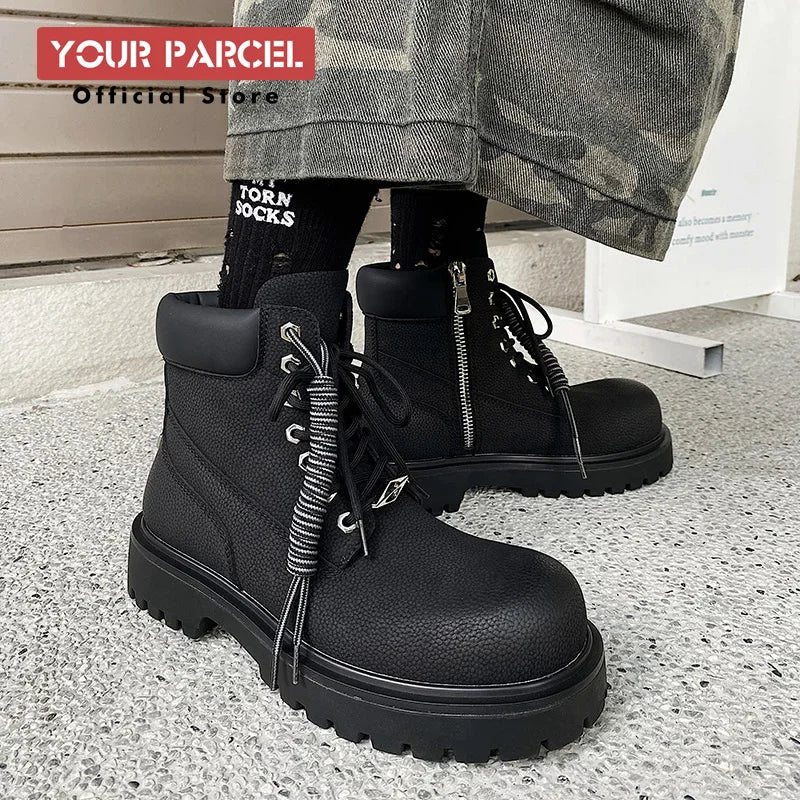 Original design Mading boots for men leather height increased by 4.5CM black retro workwear shoes British style short boots