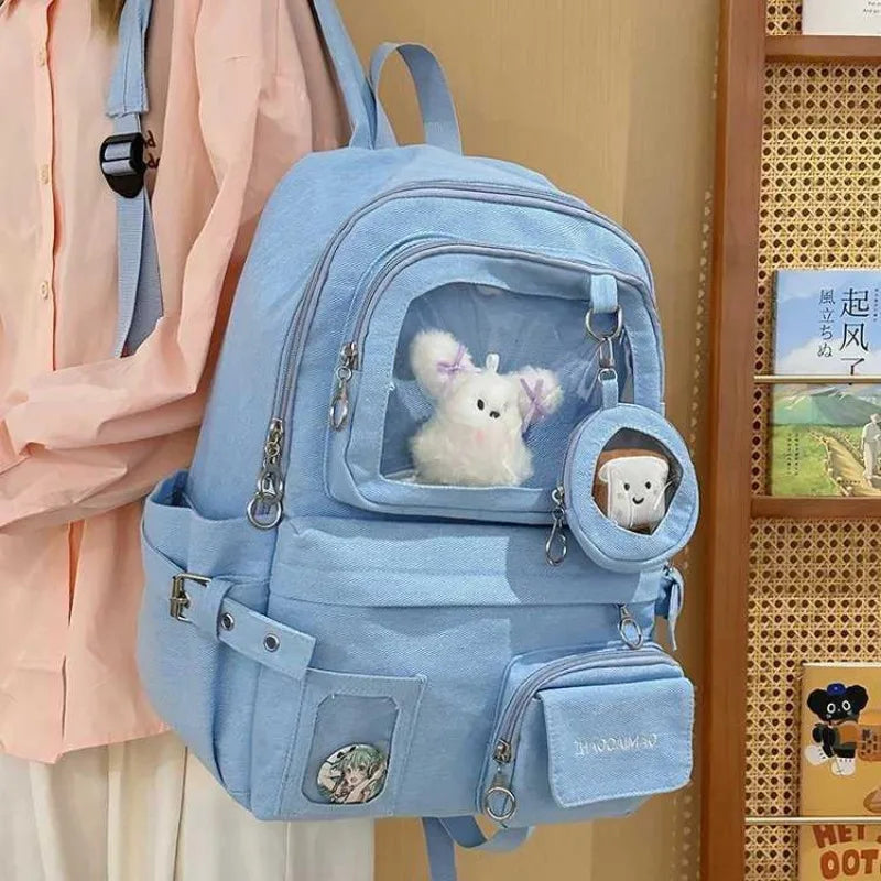 HAEX Denim Women Backpacks 2026 Large Capacity Harajuku DIY Anime Badge Ita Bag Female Student Daily Commute Mochilas Para Mujer