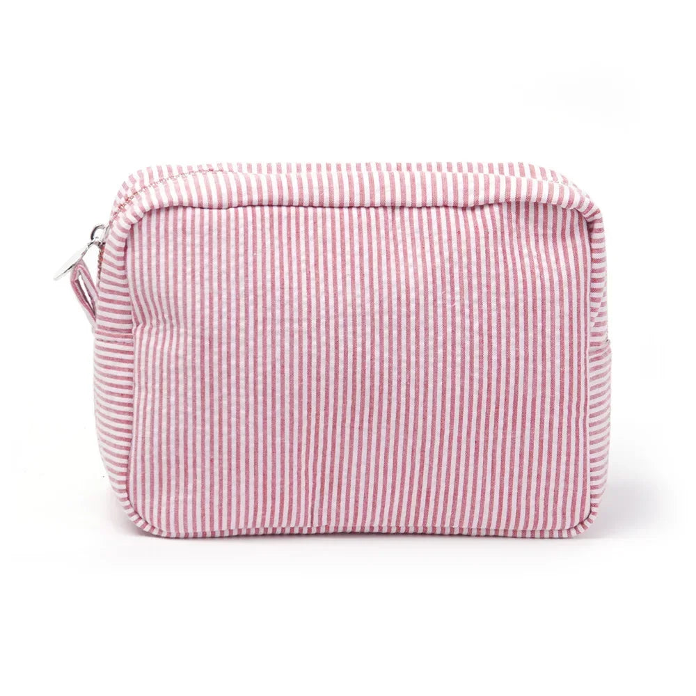 Seersucker Ruffle Cosmetic Bags Pink/Purple Striped Storage Make Up Bags for Women Lady with Zipper Travel Bag Makeup Bag