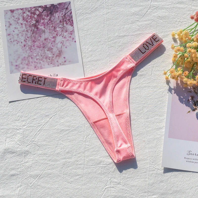 Sexy Panties G-string Sports Women Thong T-back Fitness Secret Rhinestone Sexy Lingerie Letter Diamonds Female Underwear